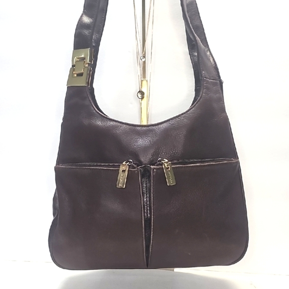 Aurielle Dark Brown-Bordeaux Leather Shoulder Bag with Gold Accents Pre Loved